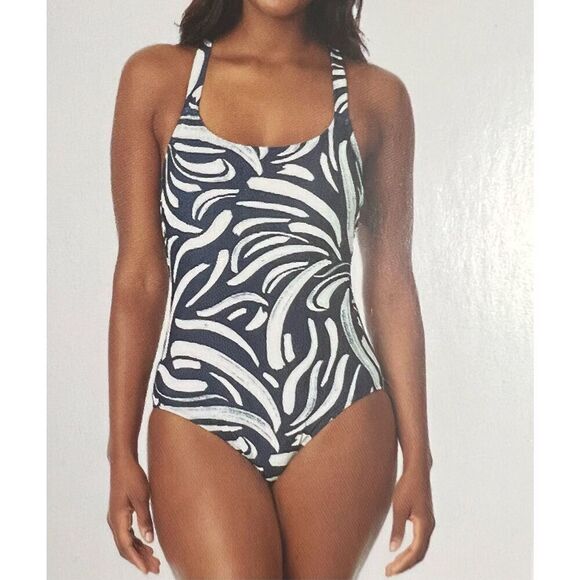 NWT HURLEY Sz Medium One-Piece Swimsuit Blue White Brushstrokes Adj Straps New - Picture 1 of 10